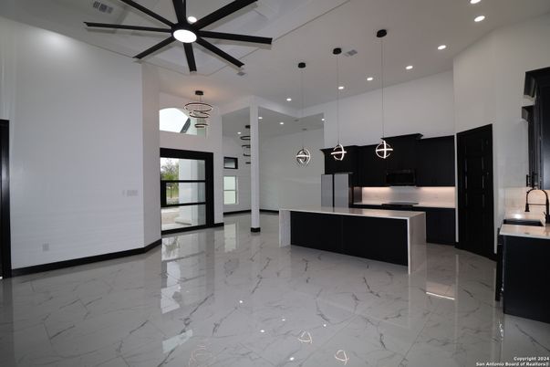 Interior, Kitchen, Marble, Pendant Lights, Recessed Lighting, Stainless Steel Appliances