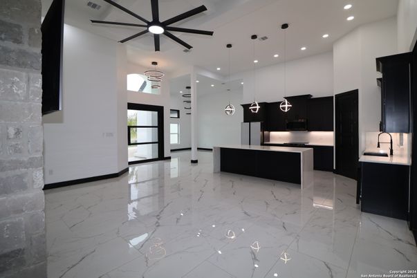 Interior, Kitchen, Marble, Pendant Lights, Recessed Lighting, Stainless Steel Appliances