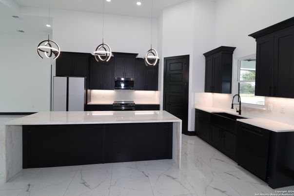 Interior, Kitchen, Marble, Pendant Lights, Recessed Lighting, Stainless Steel Appliances