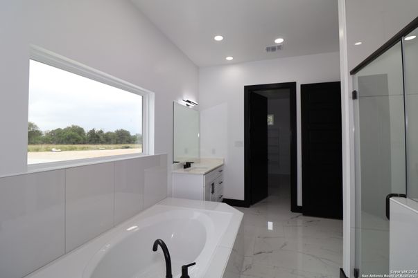 Bathroom, Dual Sink Vanities, Interior, Marble, Recessed Lighting