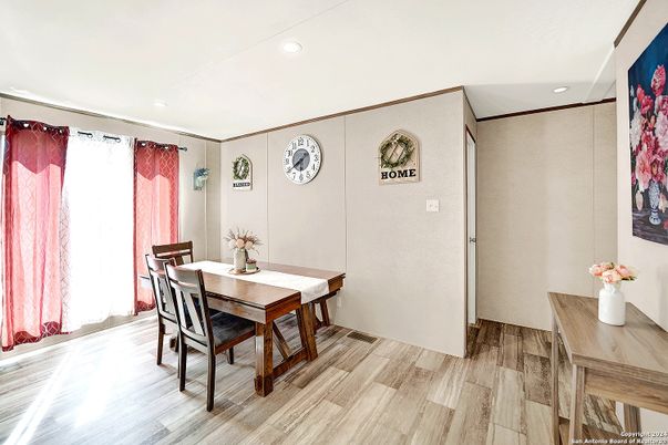 Dining room, Interior, Recessed Lighting, Wood Texture Flooring