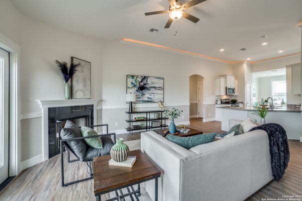 Fireplace, Interior, Kitchen, Living room, Recessed Lighting, Wood Texture Flooring