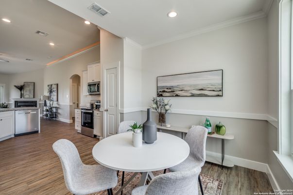 Dining room, Interior, Kitchen, Recessed Lighting, Stainless Steel Appliances, Wood Texture Flooring