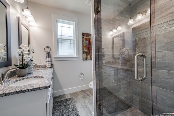 Bathroom, Glass Shower, Interior, Wood Texture Flooring