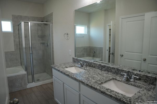 Bathroom, Dual Sink Vanities, Glass Shower, Interior, Wood Texture Flooring