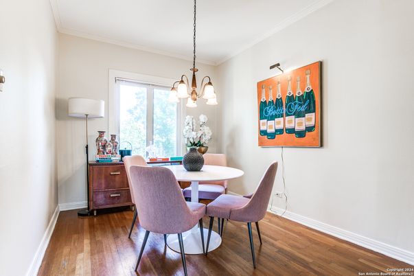 Chandelier, Dining room, Interior, Pendant Lights, Wood Texture Flooring