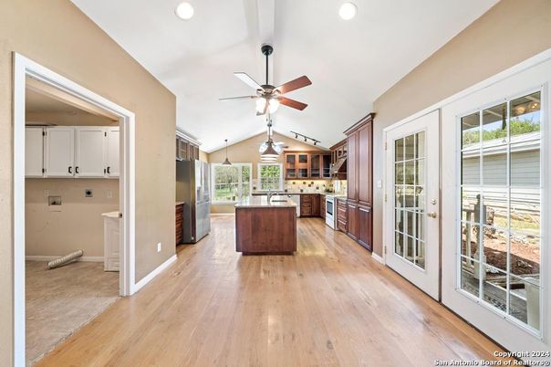Interior, Kitchen, Pendant Lights, Recessed Lighting, Wood Texture Flooring