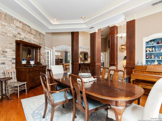 Dining room, Interior, Pendant Lights, Recessed Lighting, Stone Walls, Wood Texture Flooring