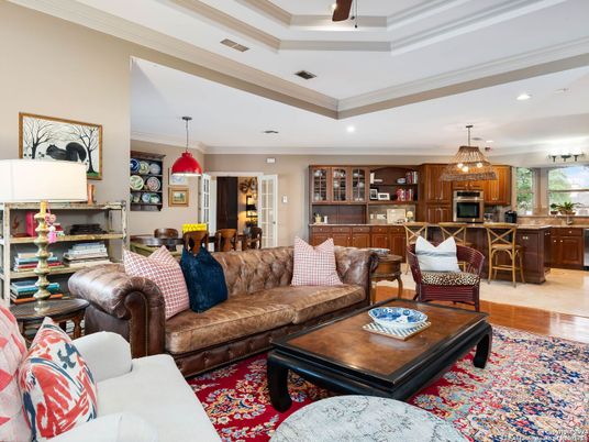 Chandelier, Dining room, Interior, Kitchen, Living room, Pendant Lights, Recessed Lighting, Wood Texture Flooring