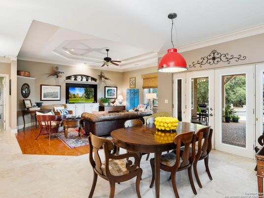 Dining room, Interior, Living room, Pendant Lights, Recessed Lighting, Wood Texture Flooring