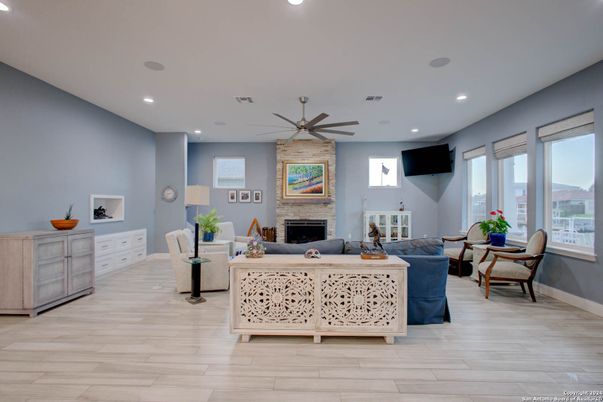 Fireplace, Interior, Living room, Recessed Lighting, Wood Texture Flooring