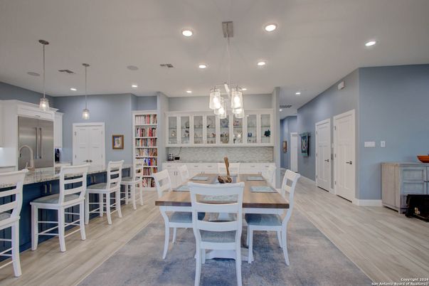 Dining room, Interior, Pendant Lights, Recessed Lighting, Wood Texture Flooring