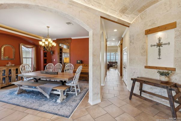 Chandelier, Dining room, Interior, Recessed Lighting, Stone Walls