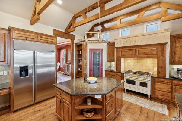 Interior, Kitchen, Pendant Lights, Recessed Lighting, Stainless Steel Appliances, Wooden Beams, Wood Texture Flooring
