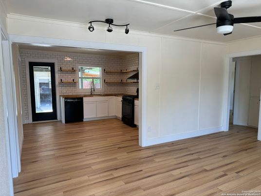 Empty room, Interior, Kitchen, Stone Walls, Wood Texture Flooring