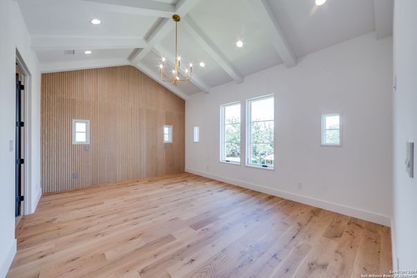 Empty room, Interior, Pendant Lights, Recessed Lighting, Wood Texture Flooring