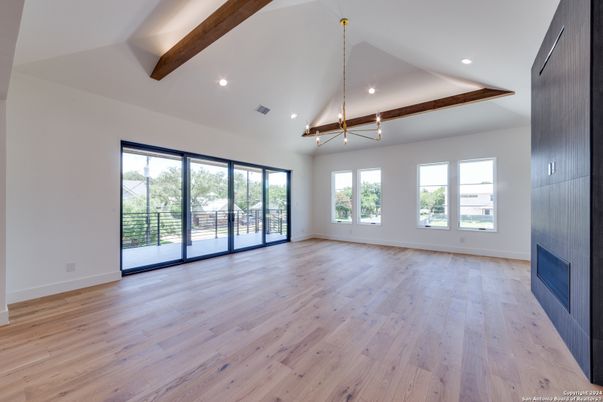 Empty room, Interior, Pendant Lights, Recessed Lighting, Wooden Beams, Wood Texture Flooring