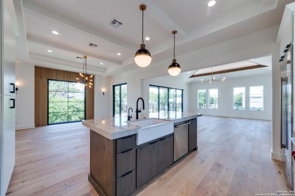 Interior, Kitchen, Pendant Lights, Recessed Lighting, Wood Texture Flooring