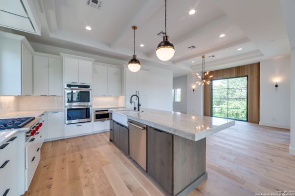 Interior, Kitchen, Pendant Lights, Recessed Lighting, Stainless Steel Appliances, Wood Texture Flooring