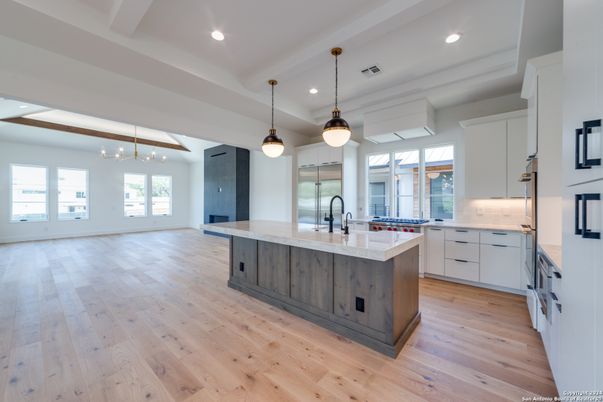 Interior, Kitchen, Pendant Lights, Recessed Lighting, Wood Texture Flooring