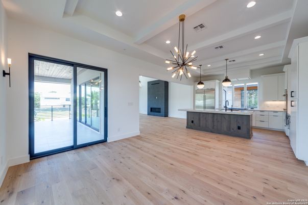 Interior, Kitchen, Pendant Lights, Recessed Lighting, Wood Texture Flooring