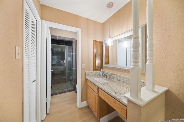 Bathroom, Glass Shower, Interior, Pendant Lights, Wood Texture Flooring