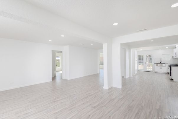Empty room, Interior, Kitchen, Recessed Lighting, Wood Texture Flooring