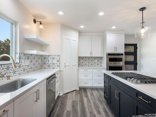 Interior, Kitchen, Pendant Lights, Recessed Lighting, Stainless Steel Appliances, Wood Texture Flooring