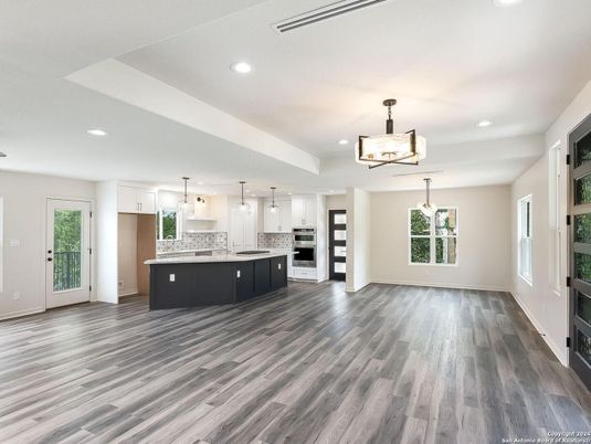 Chandelier, Interior, Kitchen, Pendant Lights, Recessed Lighting, Stainless Steel Appliances, Wood Texture Flooring