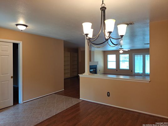 Chandelier, Empty room, Fireplace, Interior, Wood Texture Flooring
