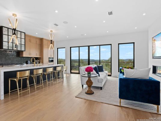 Fireplace, Interior, Kitchen, Living room, Pendant Lights, Recessed Lighting, Wood Texture Flooring