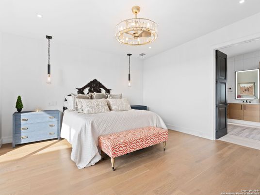 Bedroom, Interior, Pendant Lights, Recessed Lighting, Wood Texture Flooring