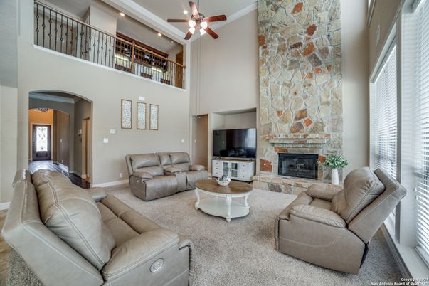 Fireplace, Interior, Living room, Recessed Lighting, Stone Walls