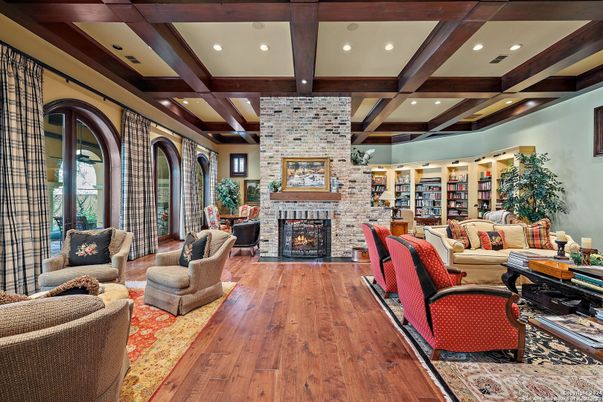 Fireplace, Interior, Living room, Recessed Lighting, Stone Walls, Wooden Beams, Wood Texture Flooring