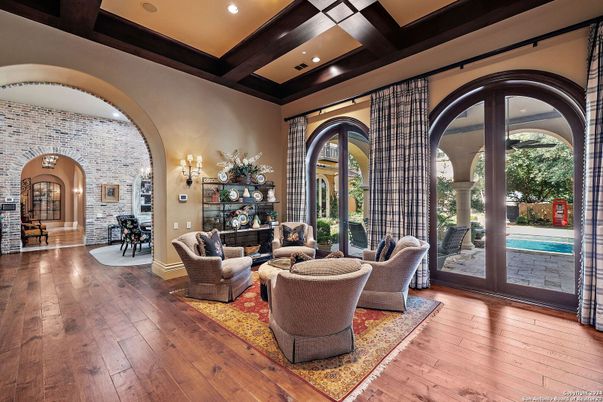 Interior, Living room, Recessed Lighting, Stone Walls, Wood Texture Flooring