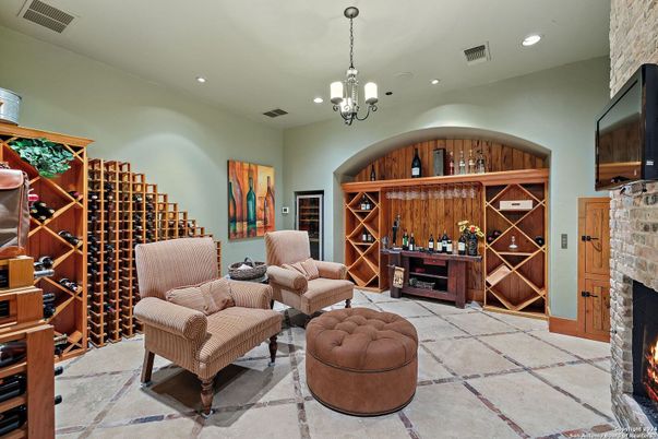Fireplace, Interior, Pendant Lights, Recessed Lighting, Stone Walls, Wine Storage