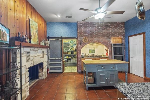 Fireplace, Interior, Recessed Lighting, Stone Walls, Wooden Walls