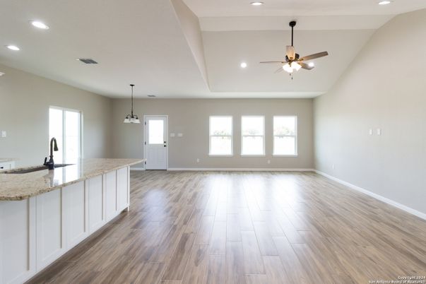 Empty room, Interior, Pendant Lights, Recessed Lighting, Wood Texture Flooring
