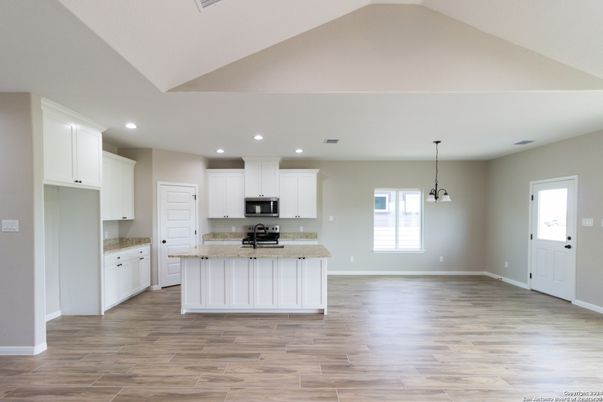 Interior, Kitchen, Pendant Lights, Recessed Lighting, Stainless Steel Appliances, Wood Texture Flooring