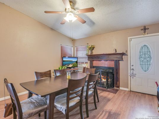 Dining room, Fireplace, Interior, Wood Texture Flooring