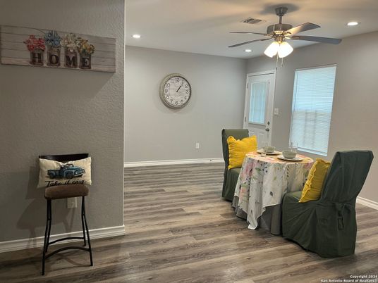 Dining room, Interior, Recessed Lighting, Wood Texture Flooring