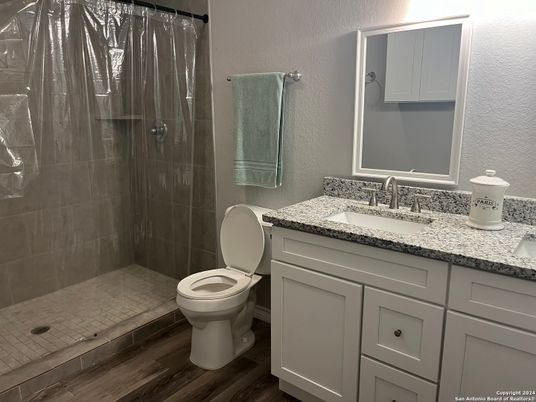 Bathroom, Glass Shower, Interior, Wood Texture Flooring