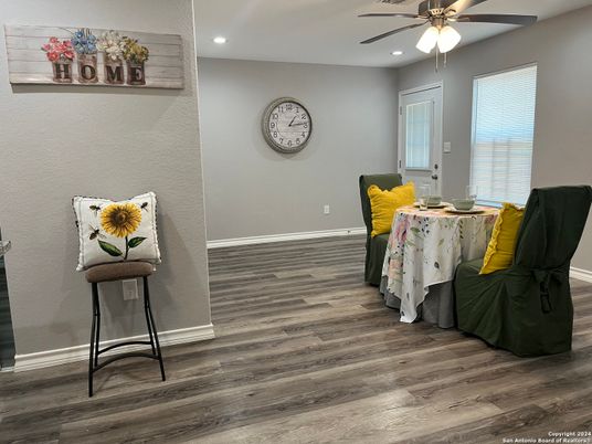Dining room, Interior, Recessed Lighting, Wood Texture Flooring
