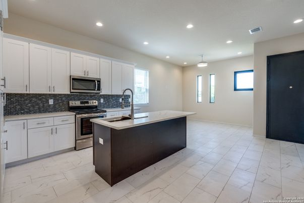Interior, Kitchen, Marble, Recessed Lighting, Stainless Steel Appliances
