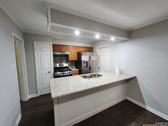 Interior, Kitchen, Recessed Lighting, Stainless Steel Appliances, Wood Texture Flooring