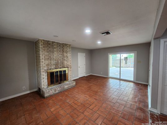 Empty room, Fireplace, Interior, Recessed Lighting, Stone Walls