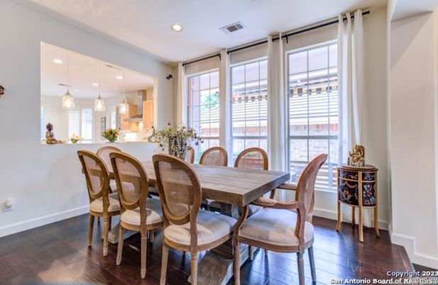 Dining room, Interior, Pendant Lights, Recessed Lighting, Wood Texture Flooring