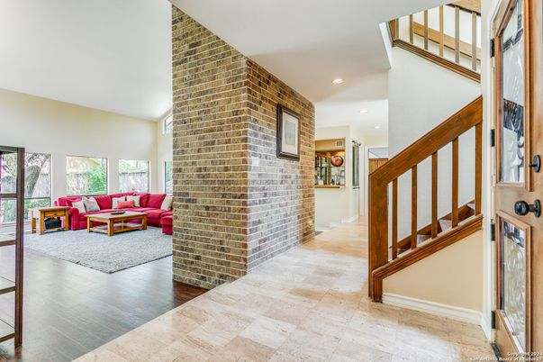 Interior, Living room, Recessed Lighting, Stone Walls, Wood Texture Flooring