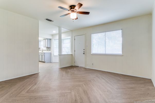 Empty room, Interior, Kitchen, Recessed Lighting, Wood Texture Flooring