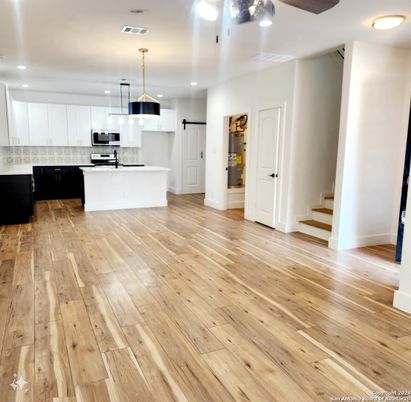 Interior, Kitchen, Pendant Lights, Recessed Lighting, Stainless Steel Appliances, Wood Texture Flooring